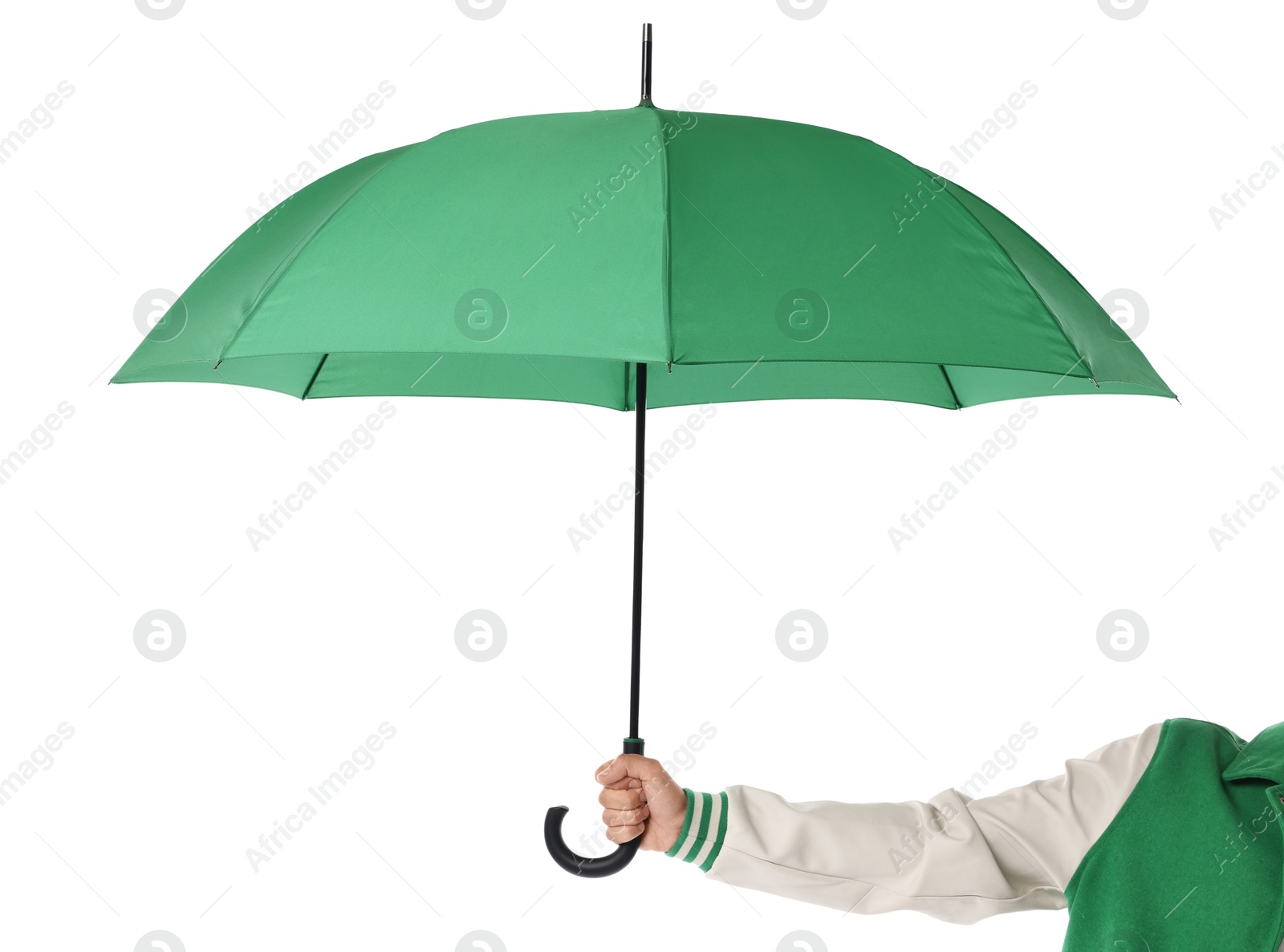 Photo of Man with green umbrella on white background, closeup