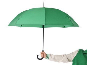 Photo of Man with green umbrella on white background, closeup