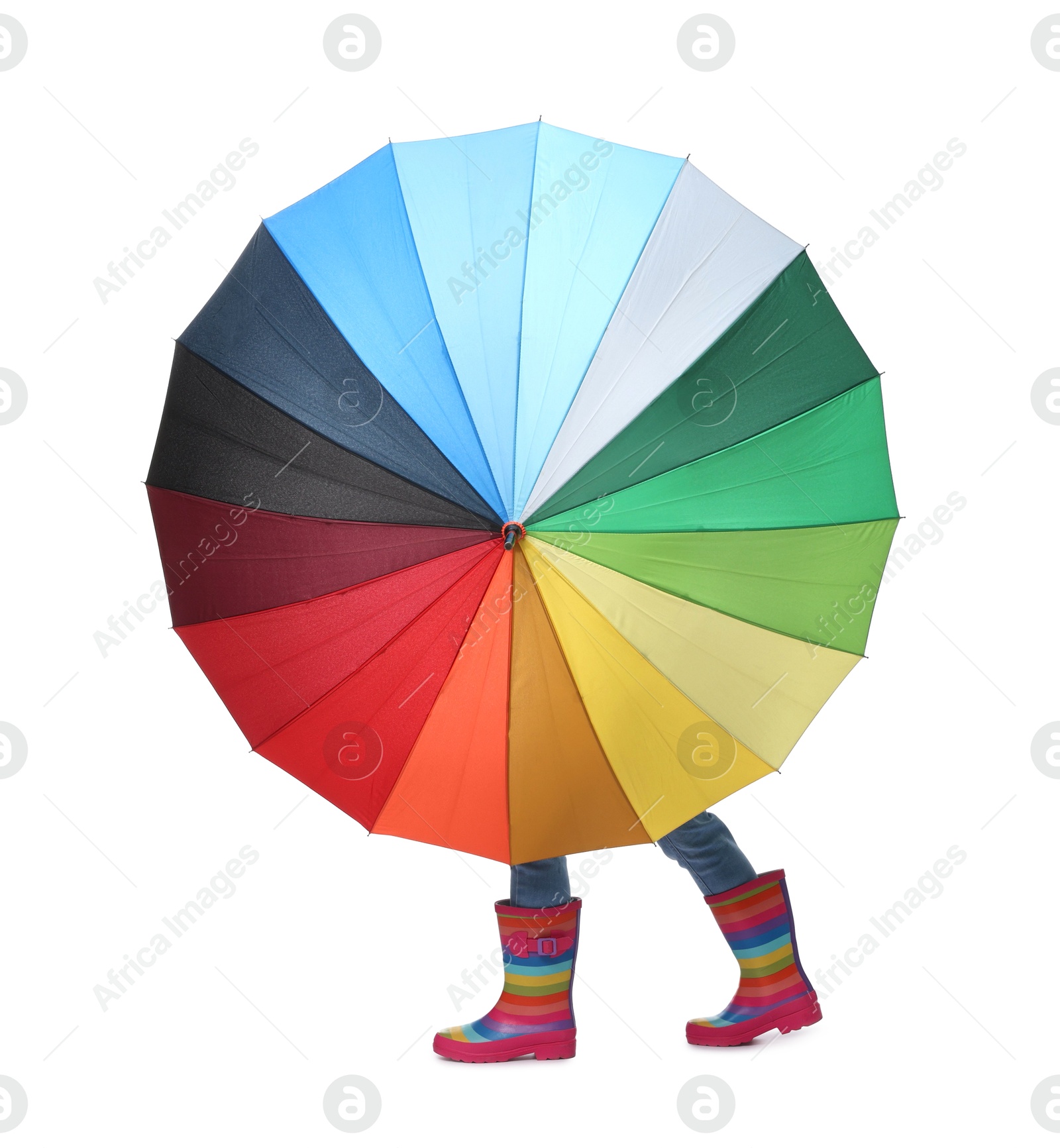 Photo of Little girl with colorful umbrella on white background