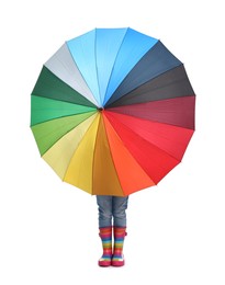 Photo of Little girl with colorful umbrella on white background