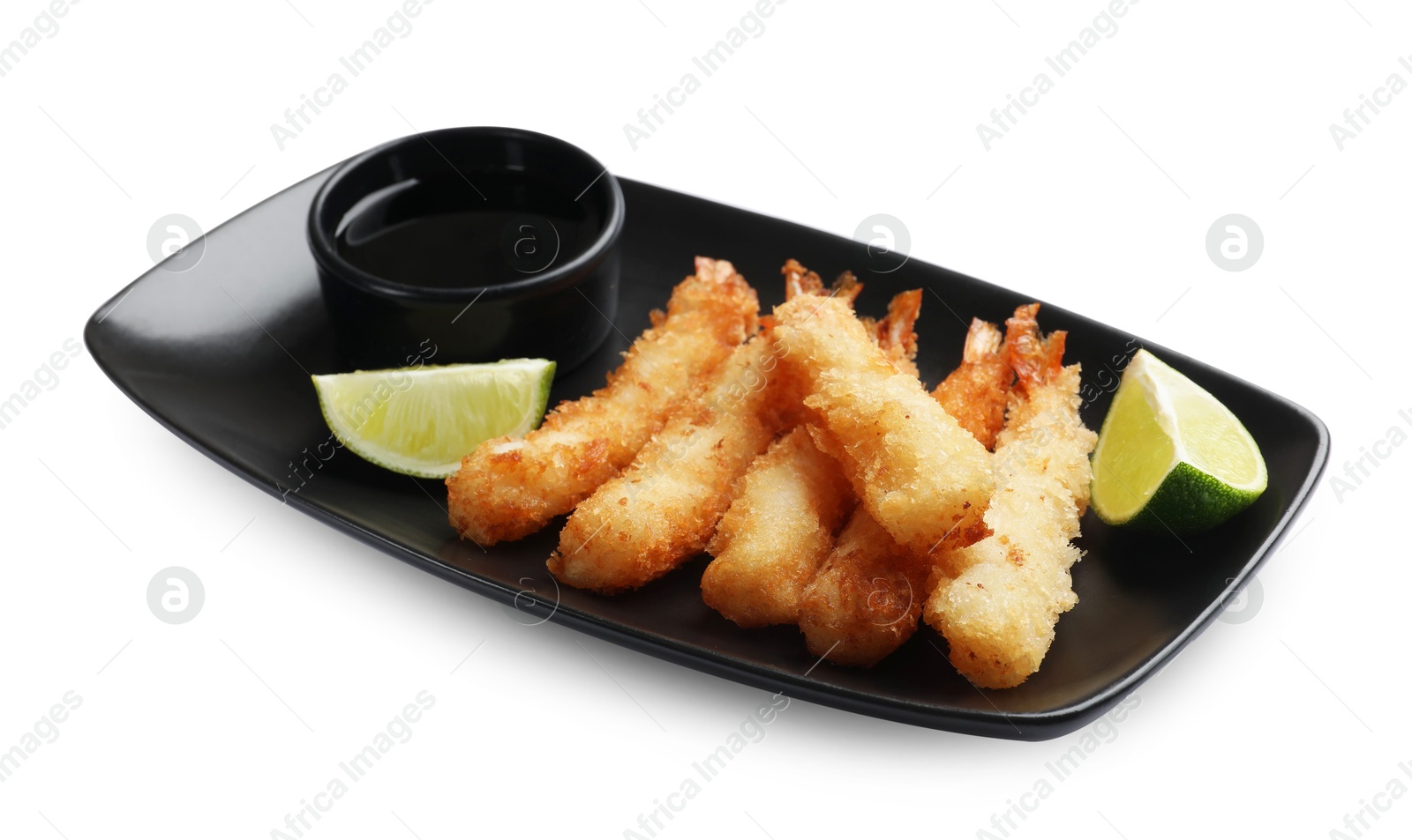 Photo of Delicious breaded fried shrimps with sauce isolated on white