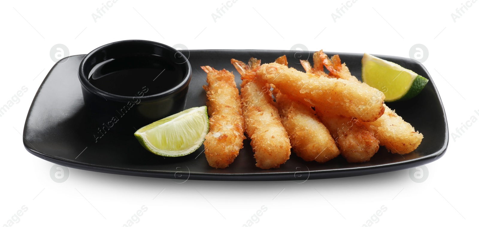 Photo of Delicious breaded fried shrimps with sauce isolated on white