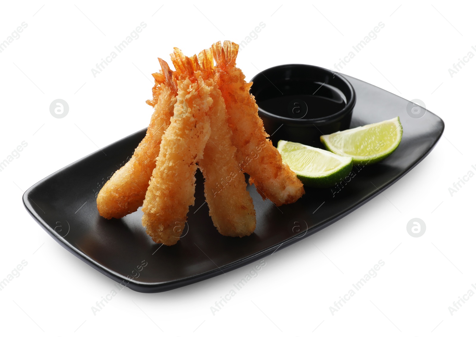 Photo of Delicious breaded fried shrimps with sauce isolated on white