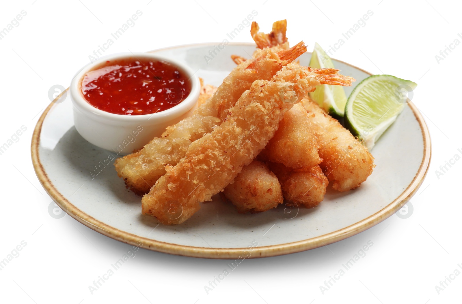 Photo of Delicious breaded fried shrimps with sauce isolated on white