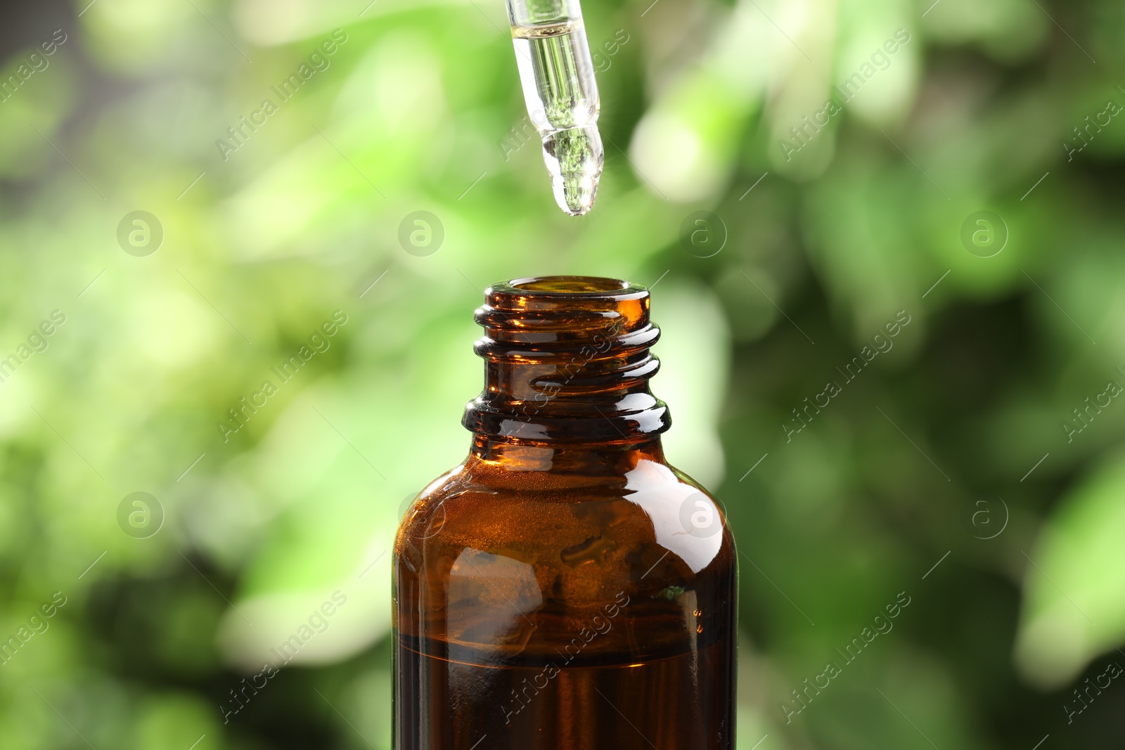 Photo of Essential oil dripping from pipette into bottle against blurred green background, closeup