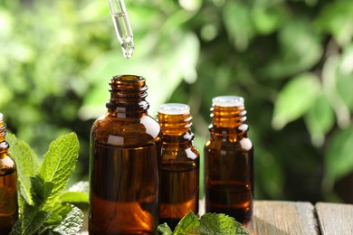 Photo of Essential oil dripping from pipette into bottle on table, closeup. Space for text