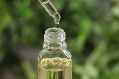 Essential oil dripping from pipette into bottle against blurred green background, closeup