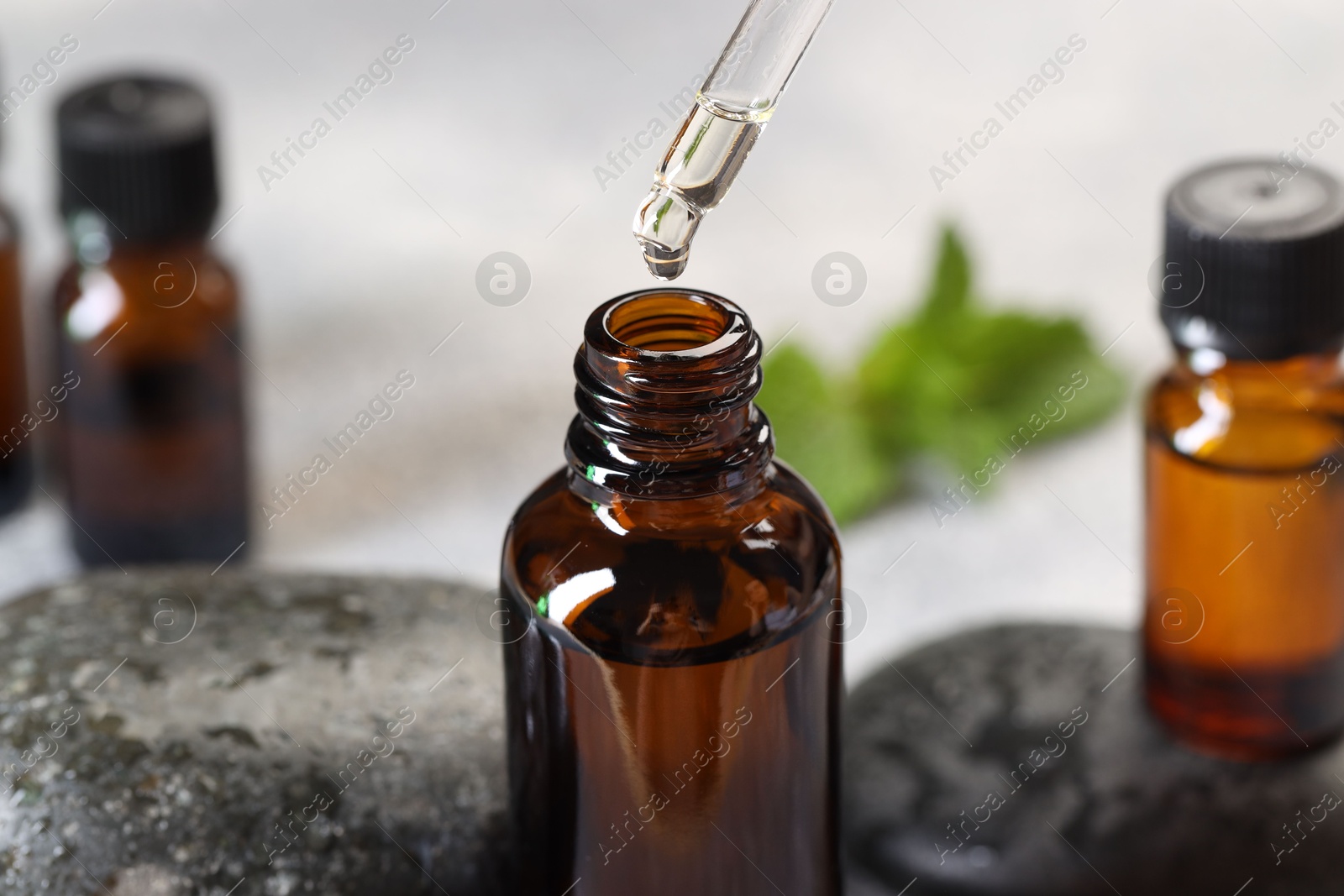 Photo of Essential oil dripping from pipette into bottle on table, closeup