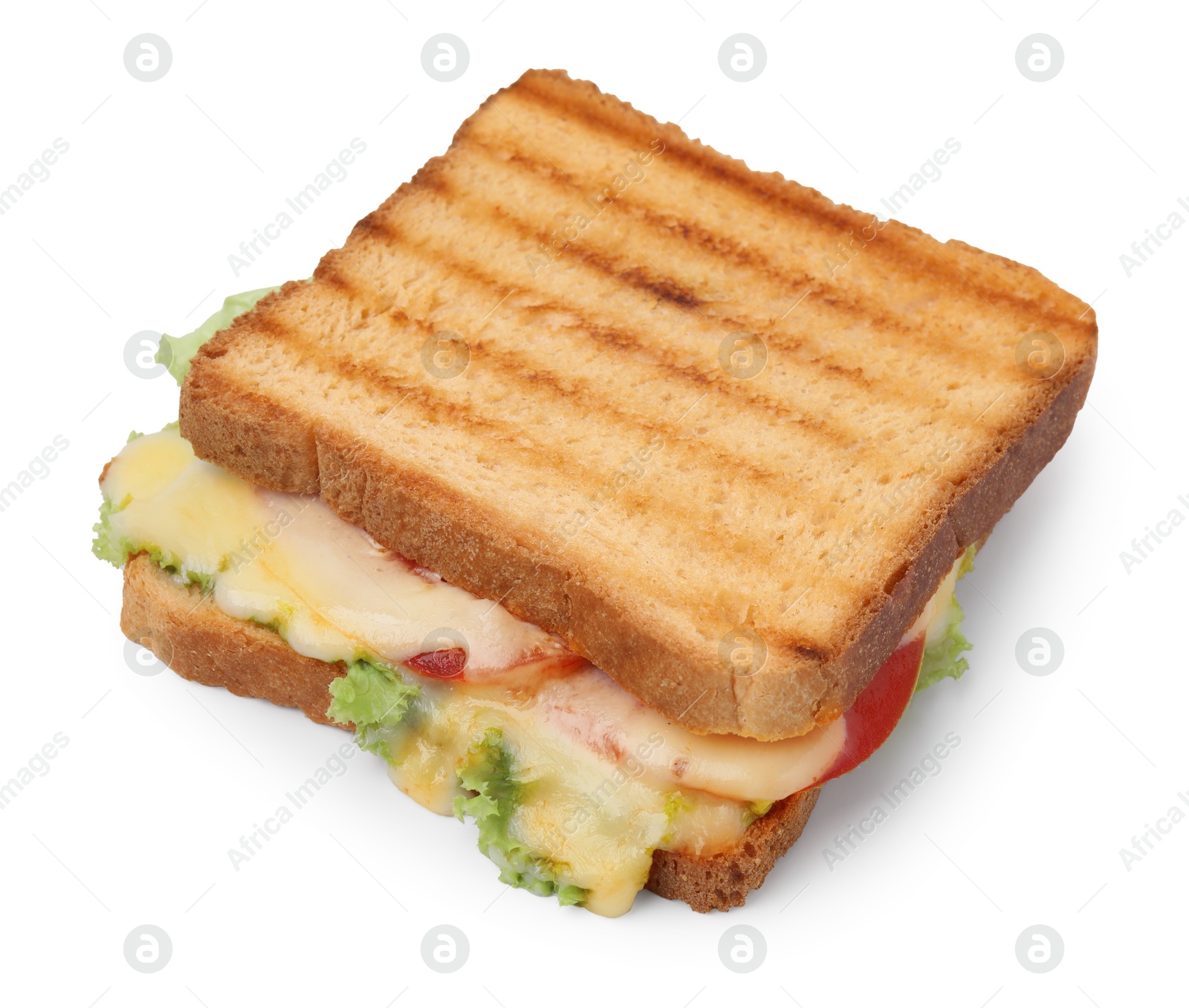 Photo of Tasty toasted bread with melted cheese, tomato and lettuce isolated on white