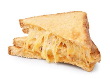 Photo of Pieces of toasted bread with melted cheese isolated on white