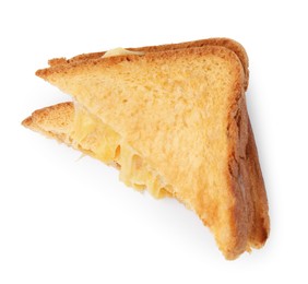 Photo of Pieces of toasted bread with melted cheese isolated on white, top view