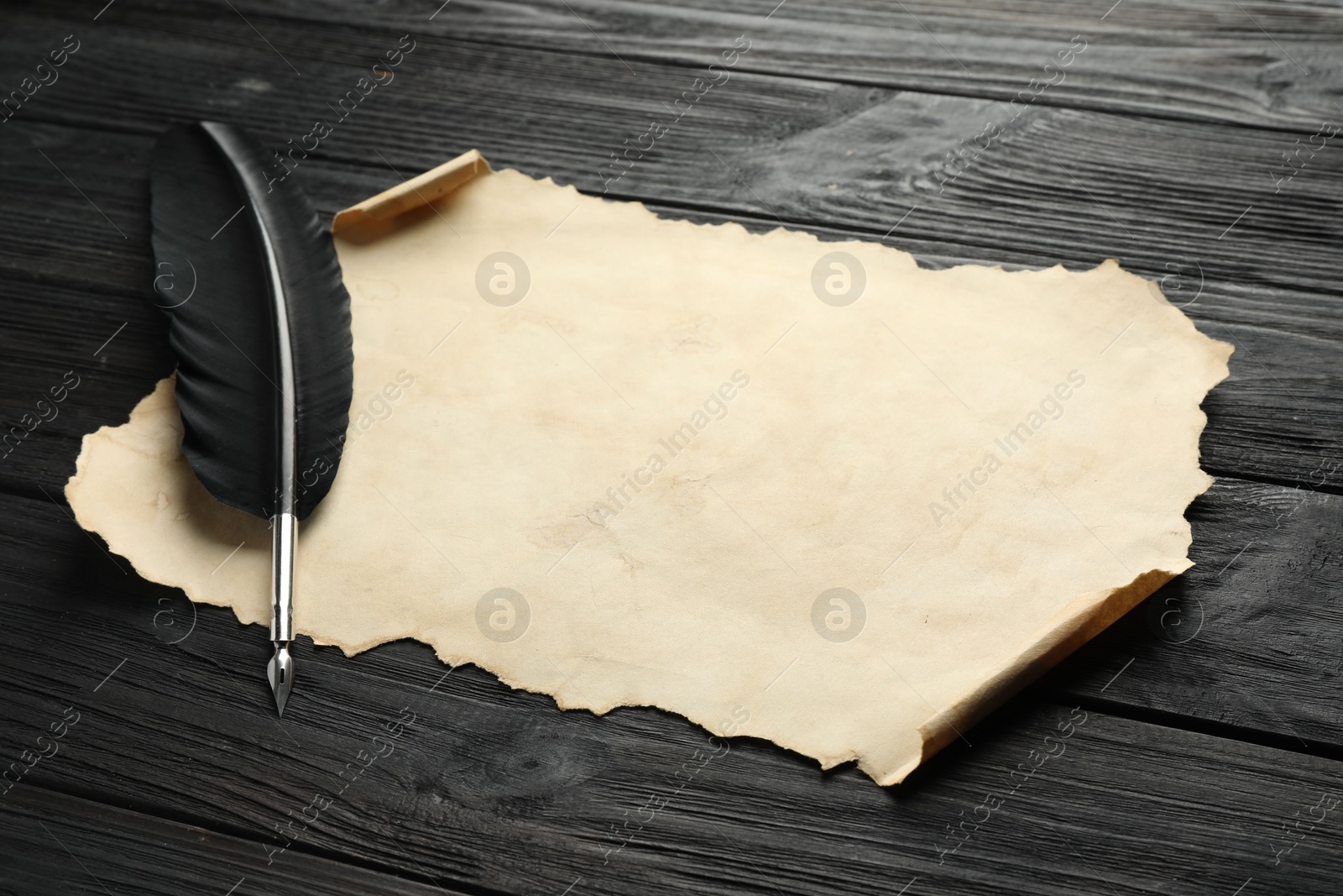 Photo of Sheet of old parchment paper and feather on black wooden table