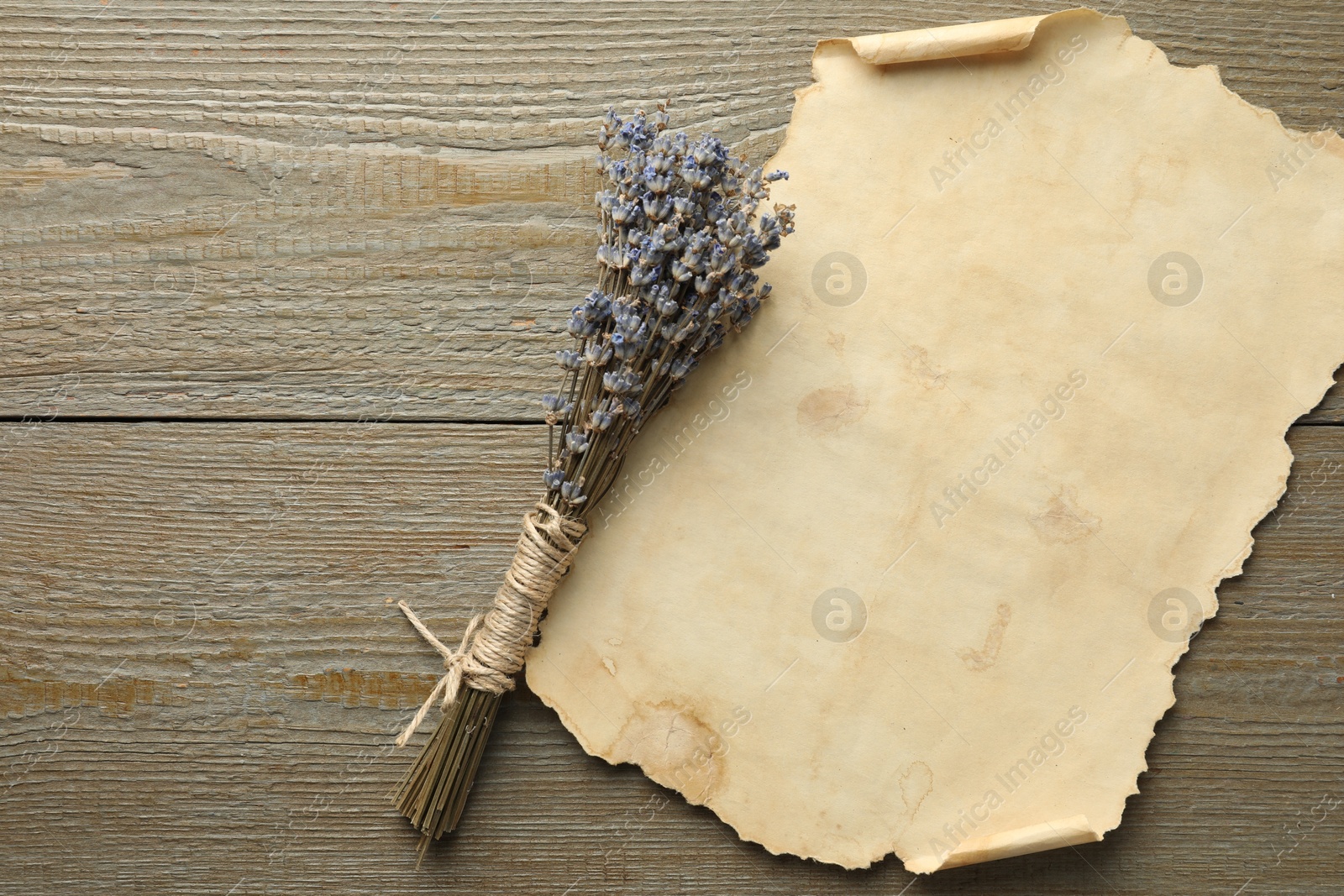 Photo of Sheet of old parchment paper and lavender flowers on wooden table, top view. Space for text