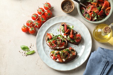 Photo of Delicious bruschettas with ricotta cheese, tomatoes, arugula, salad and peppercorns on light table, flat lay