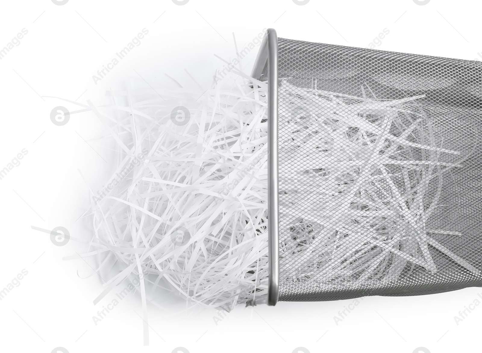 Photo of Metal basket and shredded paper isolated on white, top view