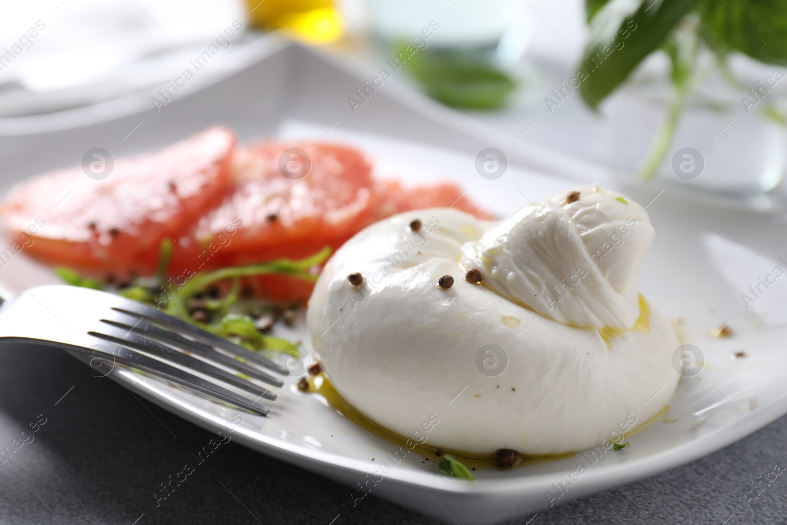 Photo of Delicious burrata cheese, grapefruit and spices on table, closeup