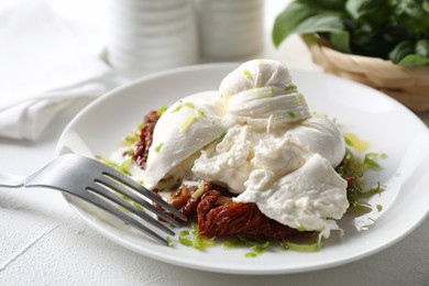 Delicious burrata cheese and sun-dried tomatoes served on white table, closeup