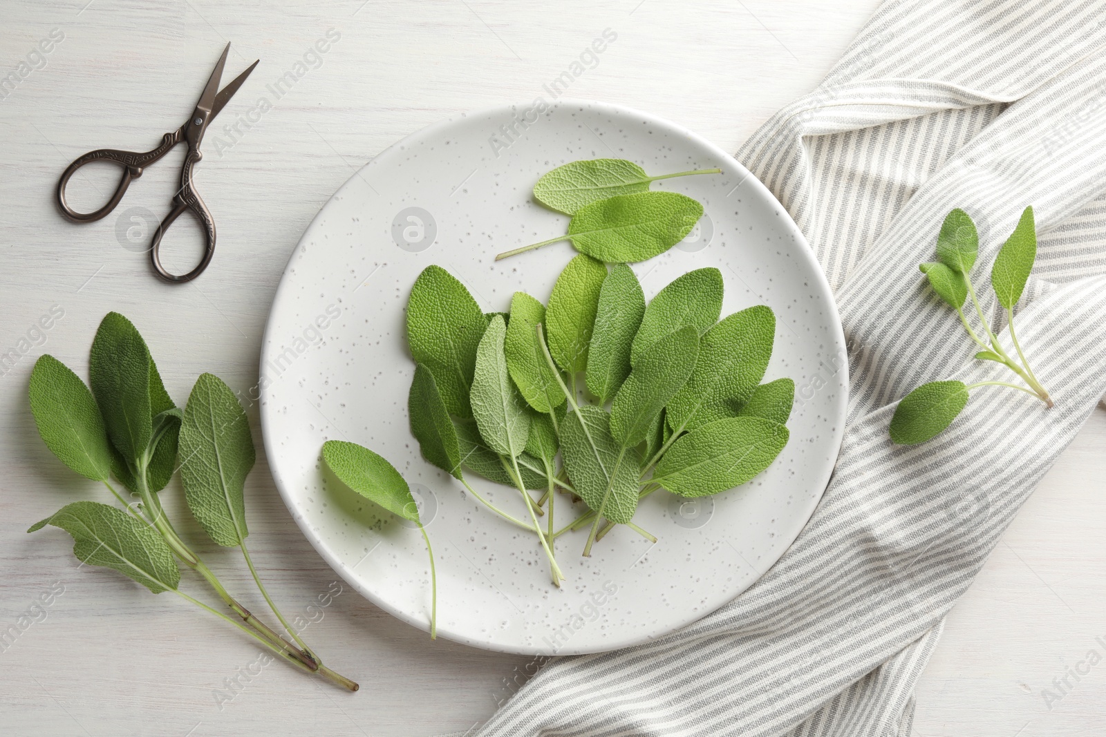 Photo of Fresh sage leaves, scissors and napkin on light wooden table, flat lay