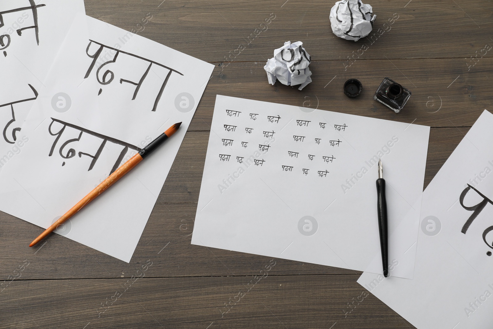 Photo of Calligraphy. Papers with words Reading and Read in Hindi, inkwell, fountain pen and brush on wooden table, flat lay