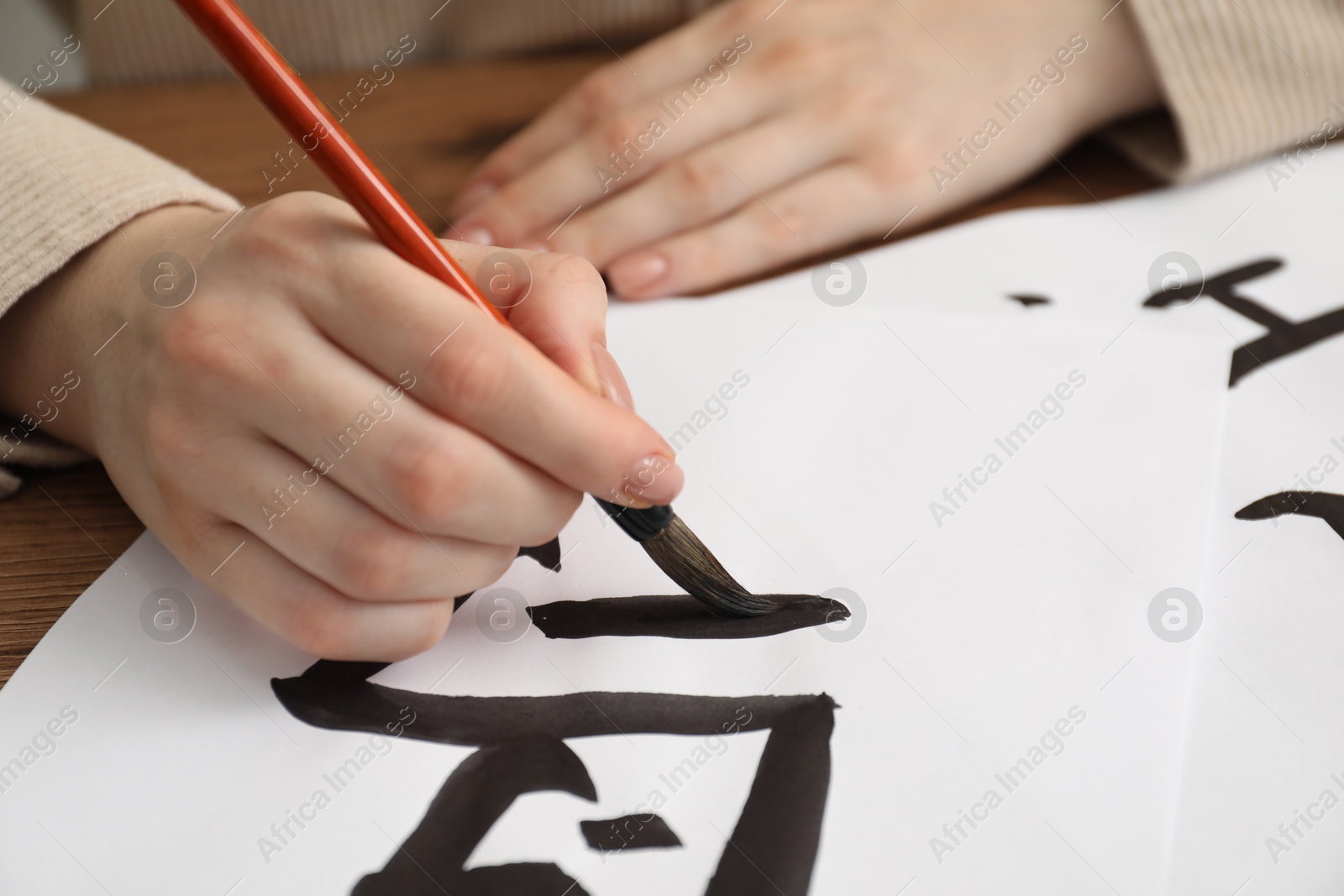 Photo of Calligraphy. Woman with brush writing word Bird in Chinese on paper at table, closeup