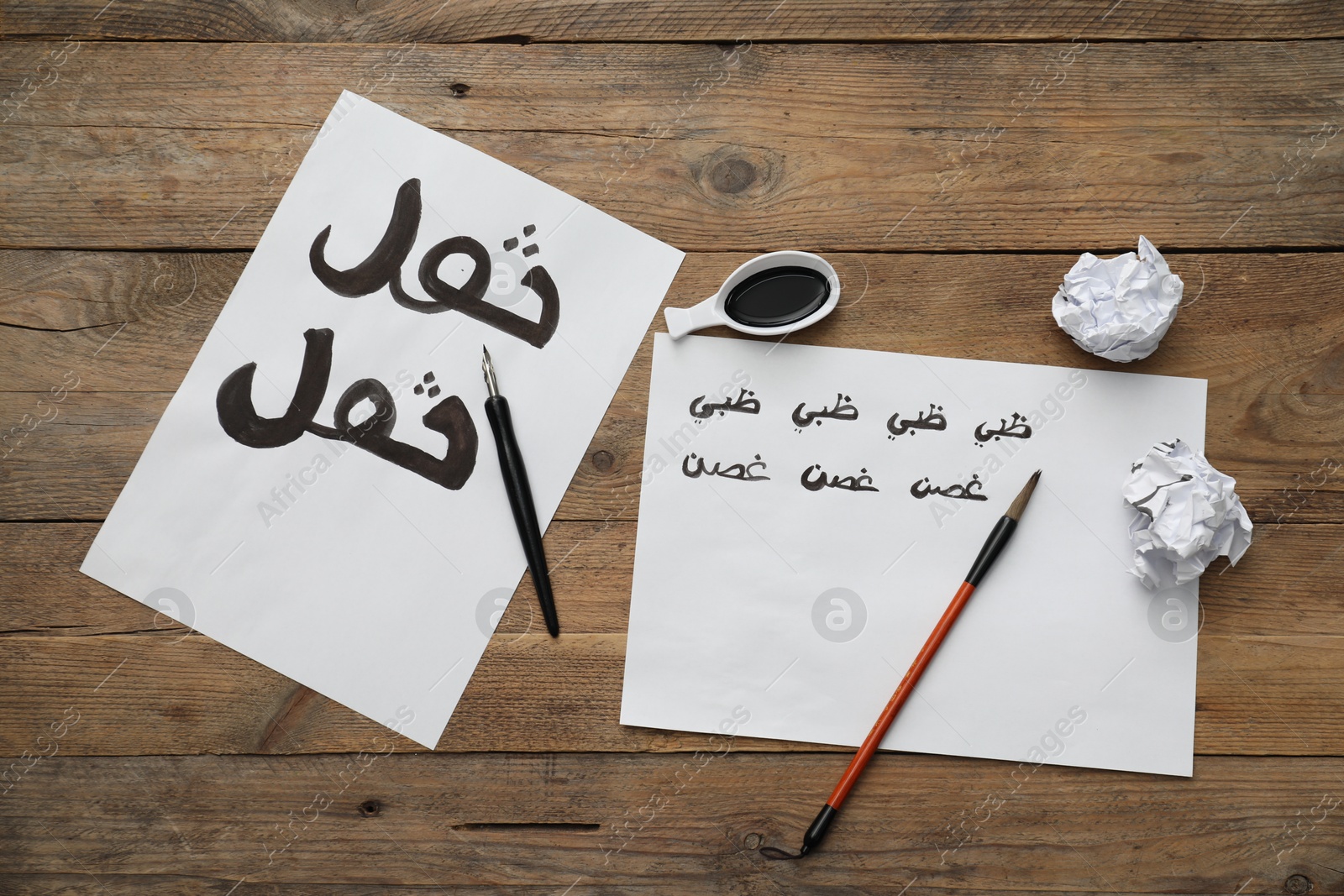 Photo of Calligraphy. Sheets of paper with written words Antilope, Branch and Education in Arabian language, inkwell, fountain pen and brush on wooden table, flat lay