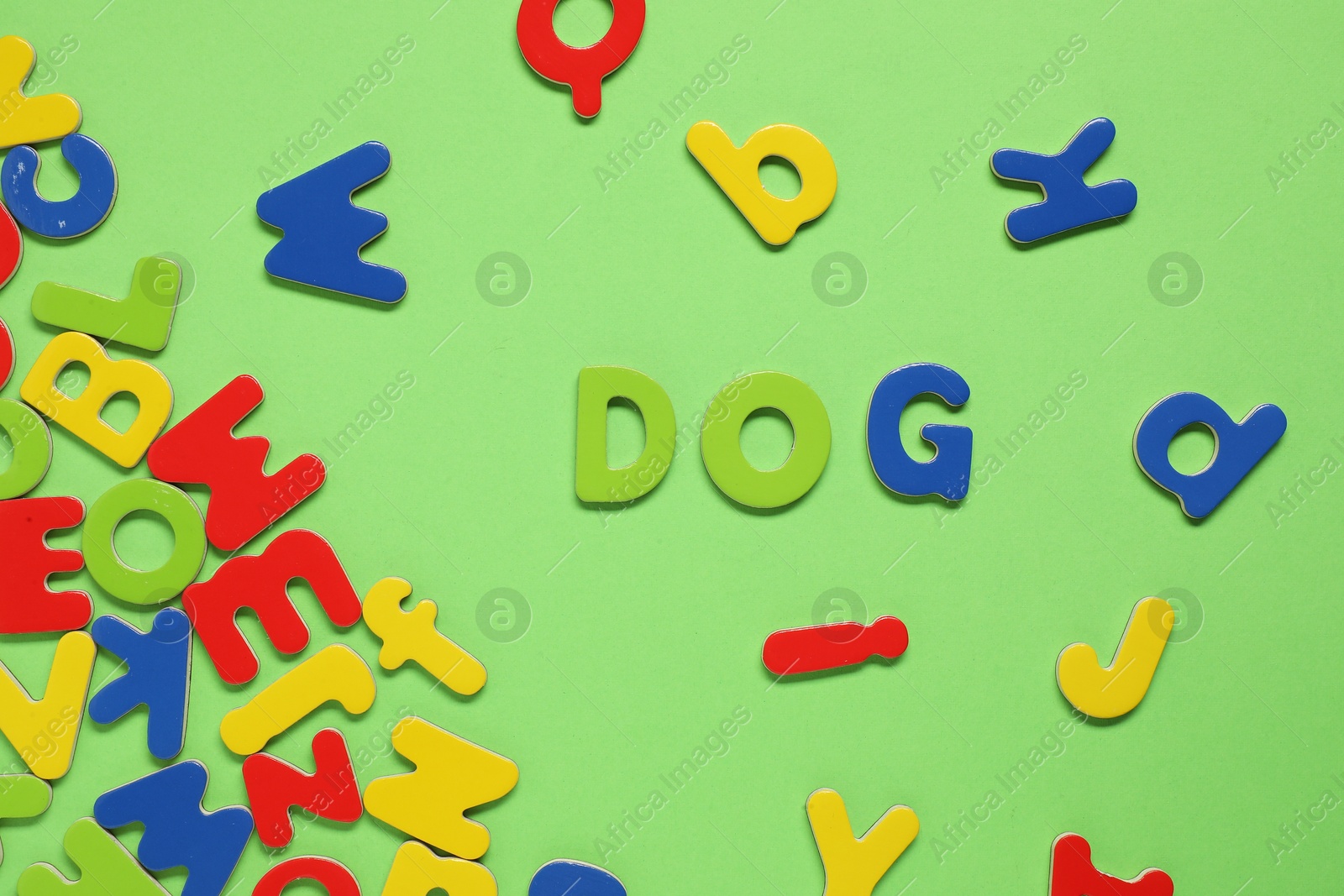 Photo of Word Dog made of magnetic letters on green background, flat lay. Learning alphabet