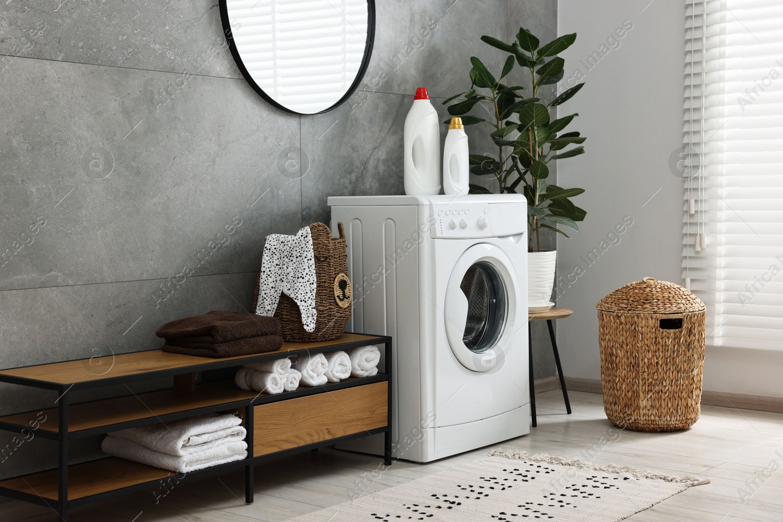 Photo of Washing machine, detergents, houseplant, baskets and storage cabinet in laundry room