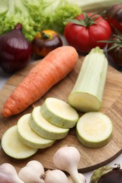 Different fresh vegetables for stew on table