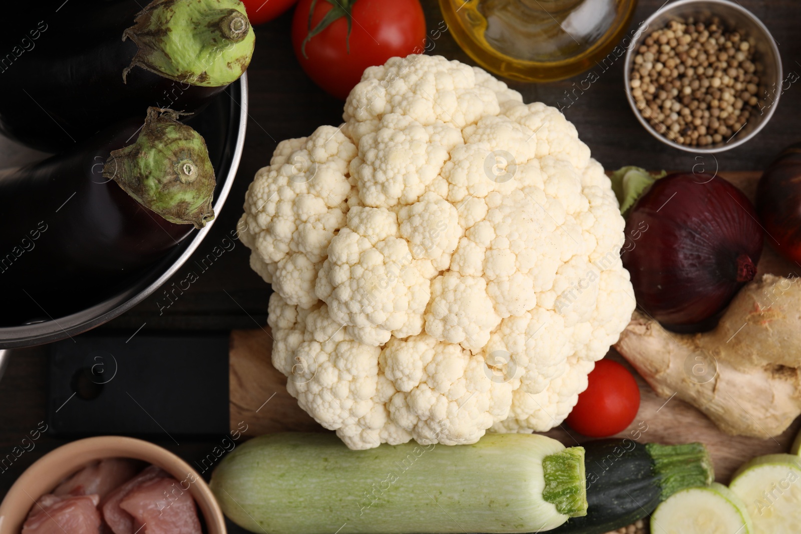 Photo of Different ingredients for stew on table, top view