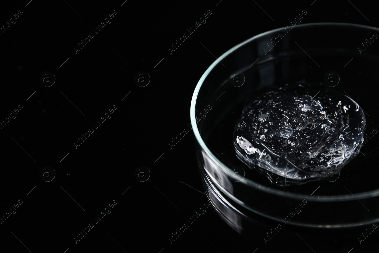 Photo of Petri dish with sample on black mirror surface, space for text