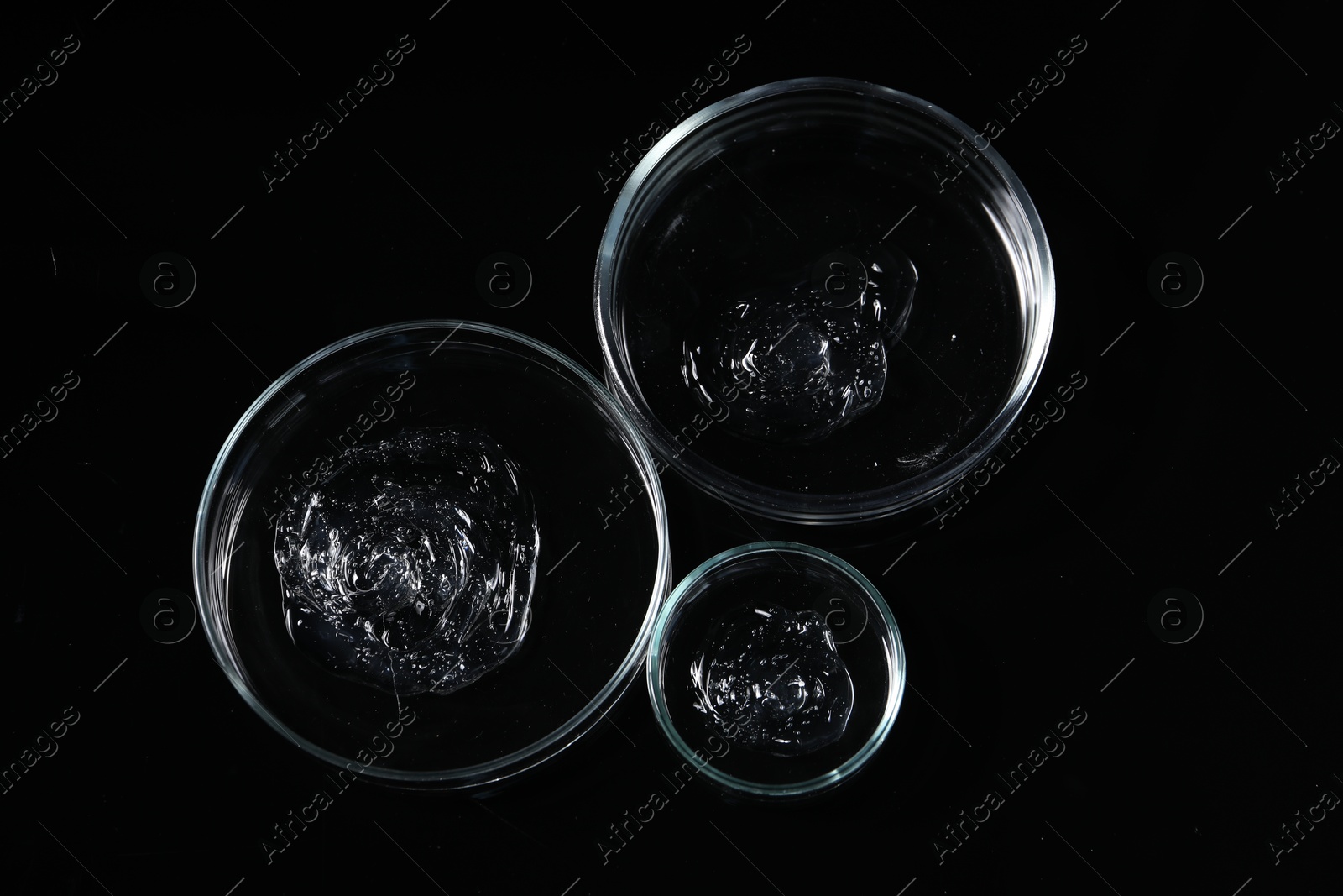 Photo of Petri dishes with samples on black mirror surface, top view