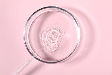 Petri dish with sample and pipette on pink background, top view