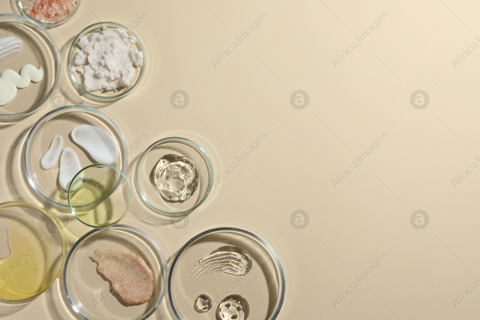 Photo of Petri dishes with different cosmetic products on beige background, flat lay. Space for text