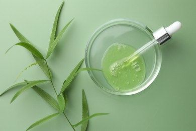 Petri dish with cosmetic product, pipette and leaves on green background, flat lay