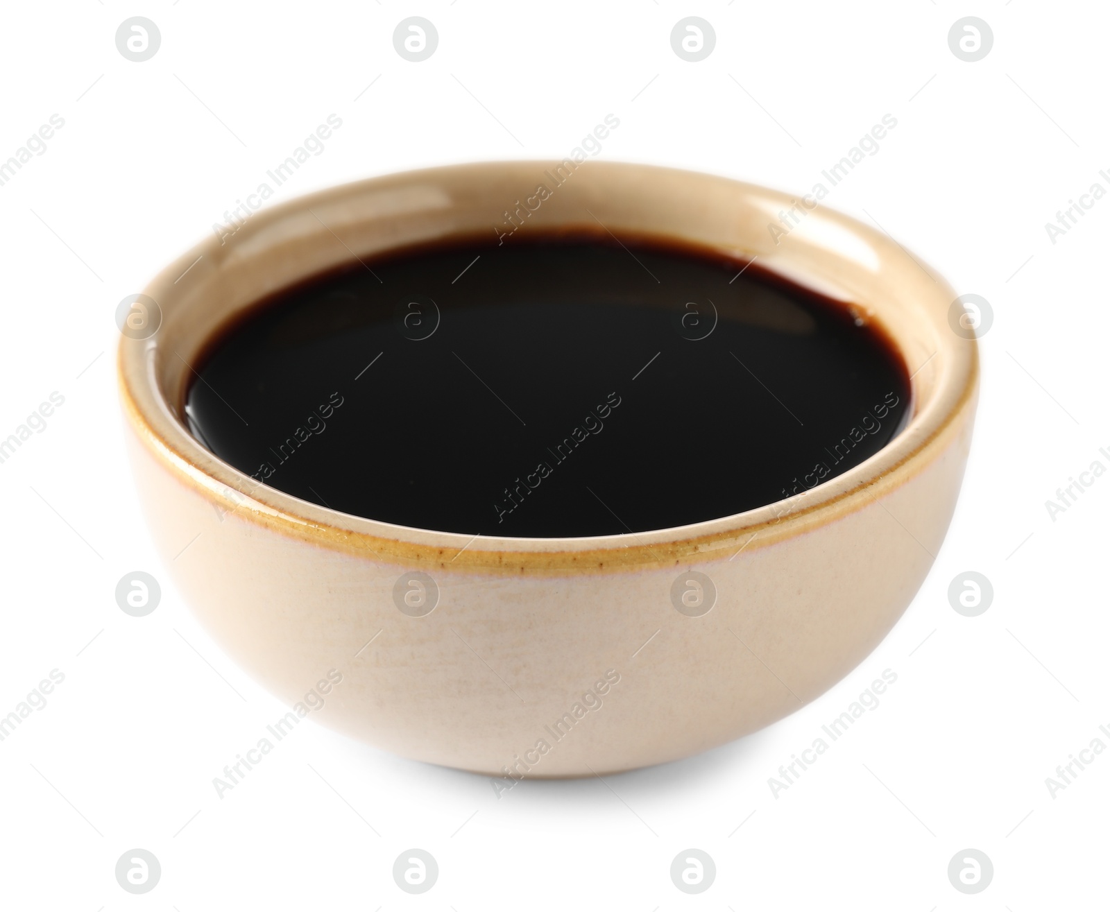 Photo of Balsamic vinegar in bowl isolated on white