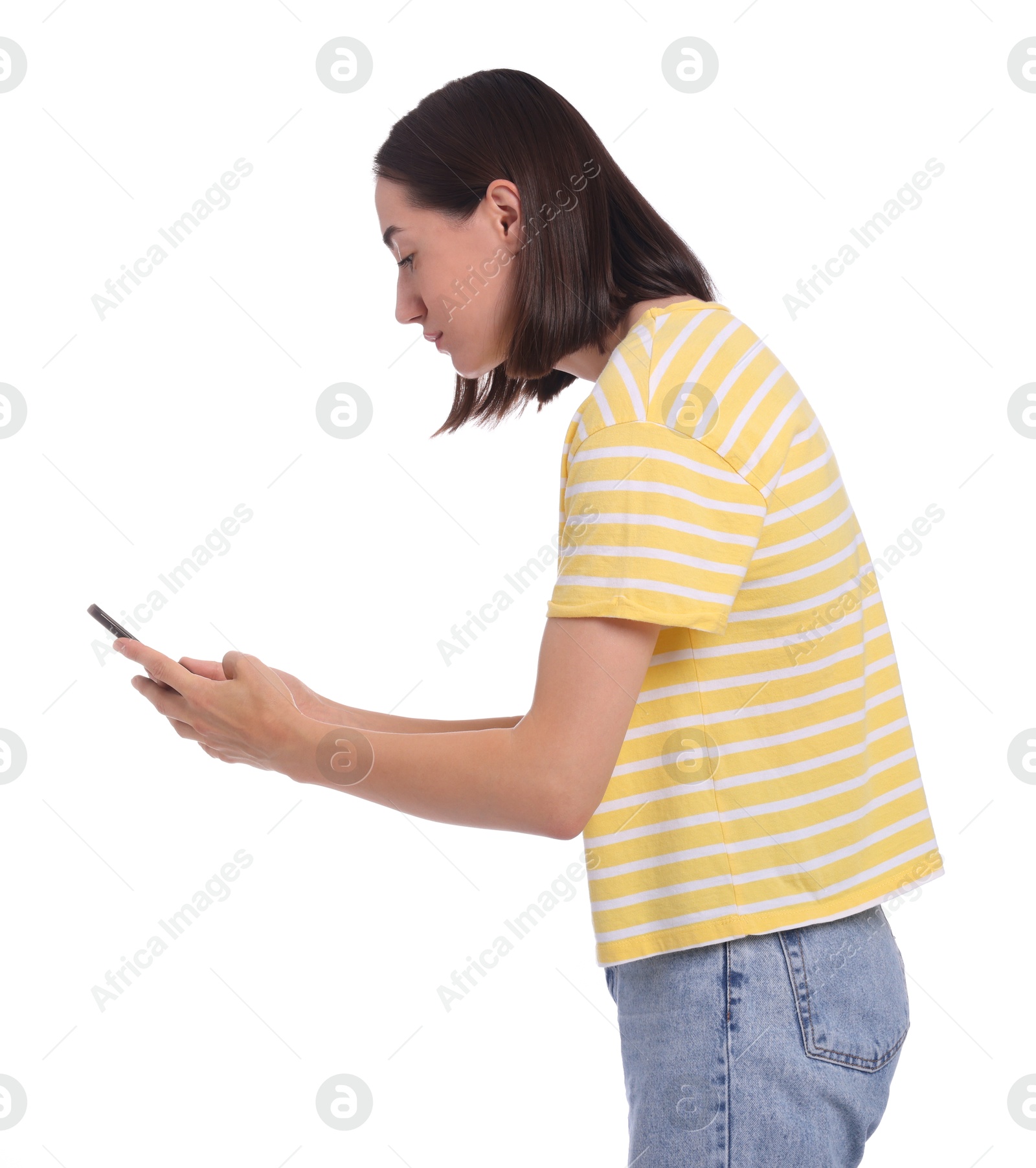 Photo of Woman with poor posture using smartphone on white background