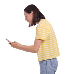 Woman with poor posture using smartphone on white background