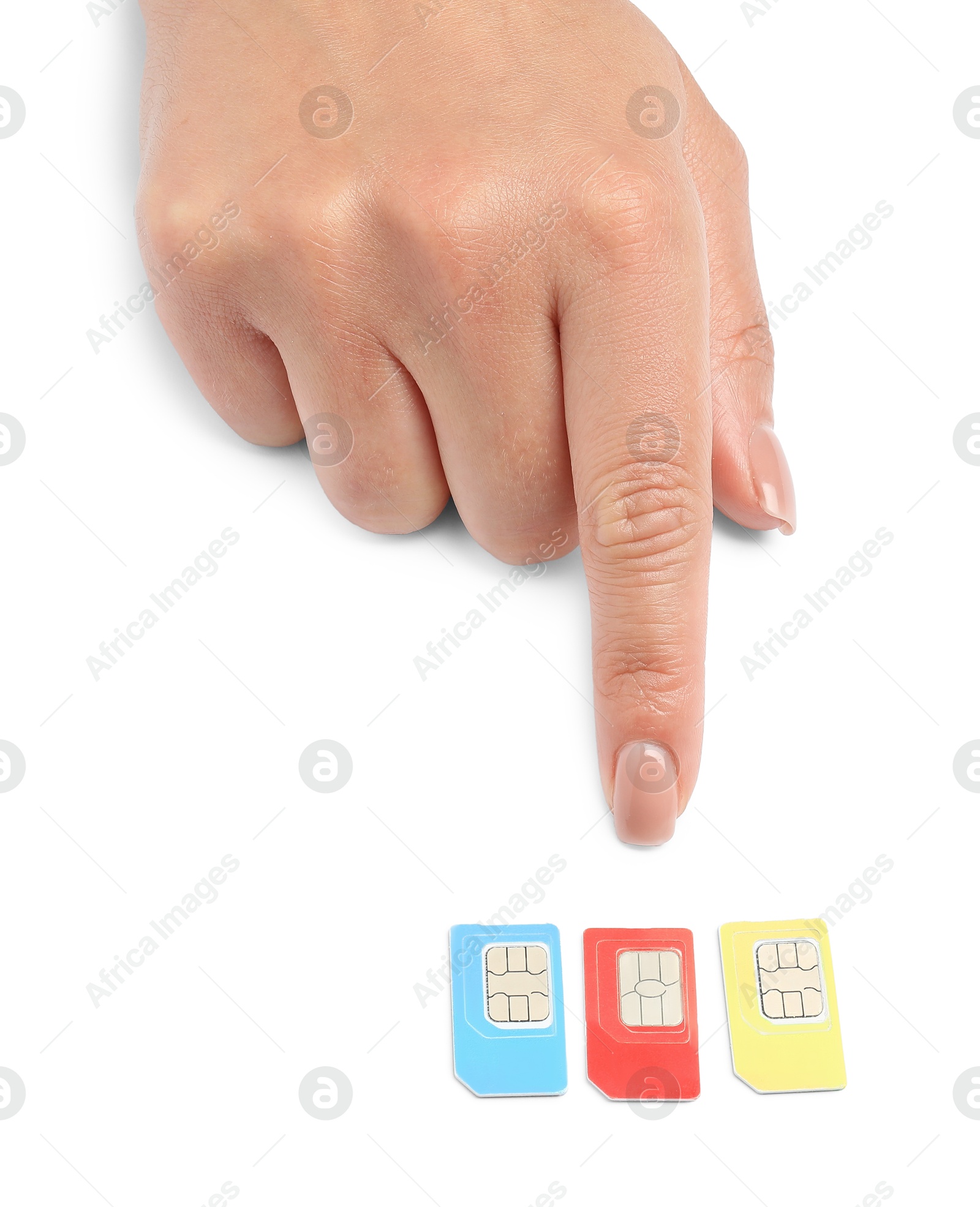 Photo of Woman with SIM cards on white background, closeup