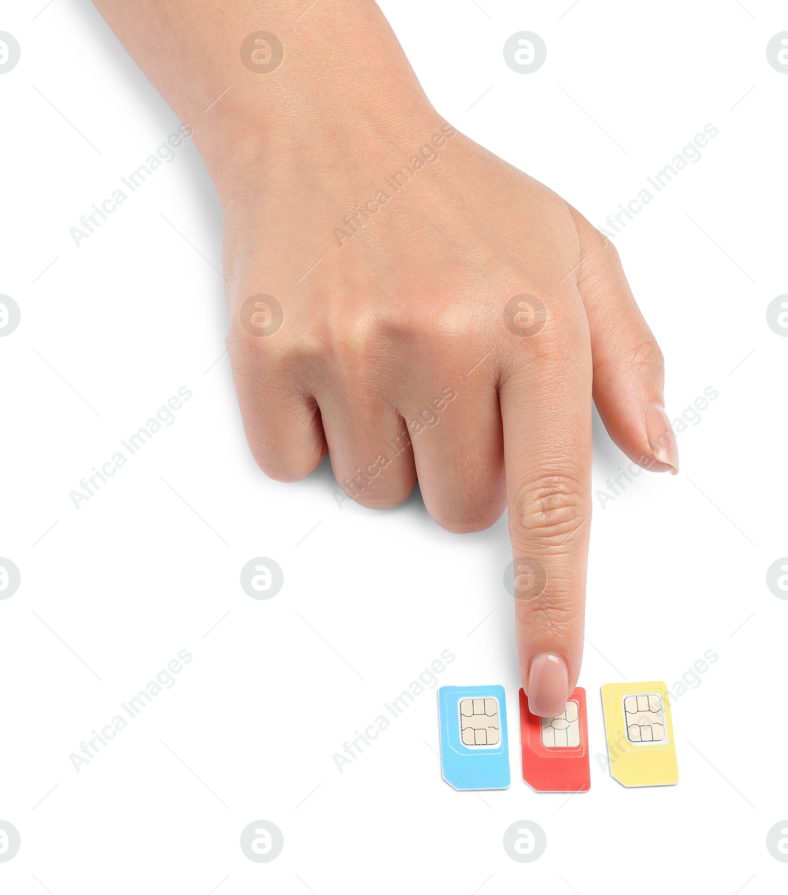 Photo of Woman with SIM cards on white background, closeup