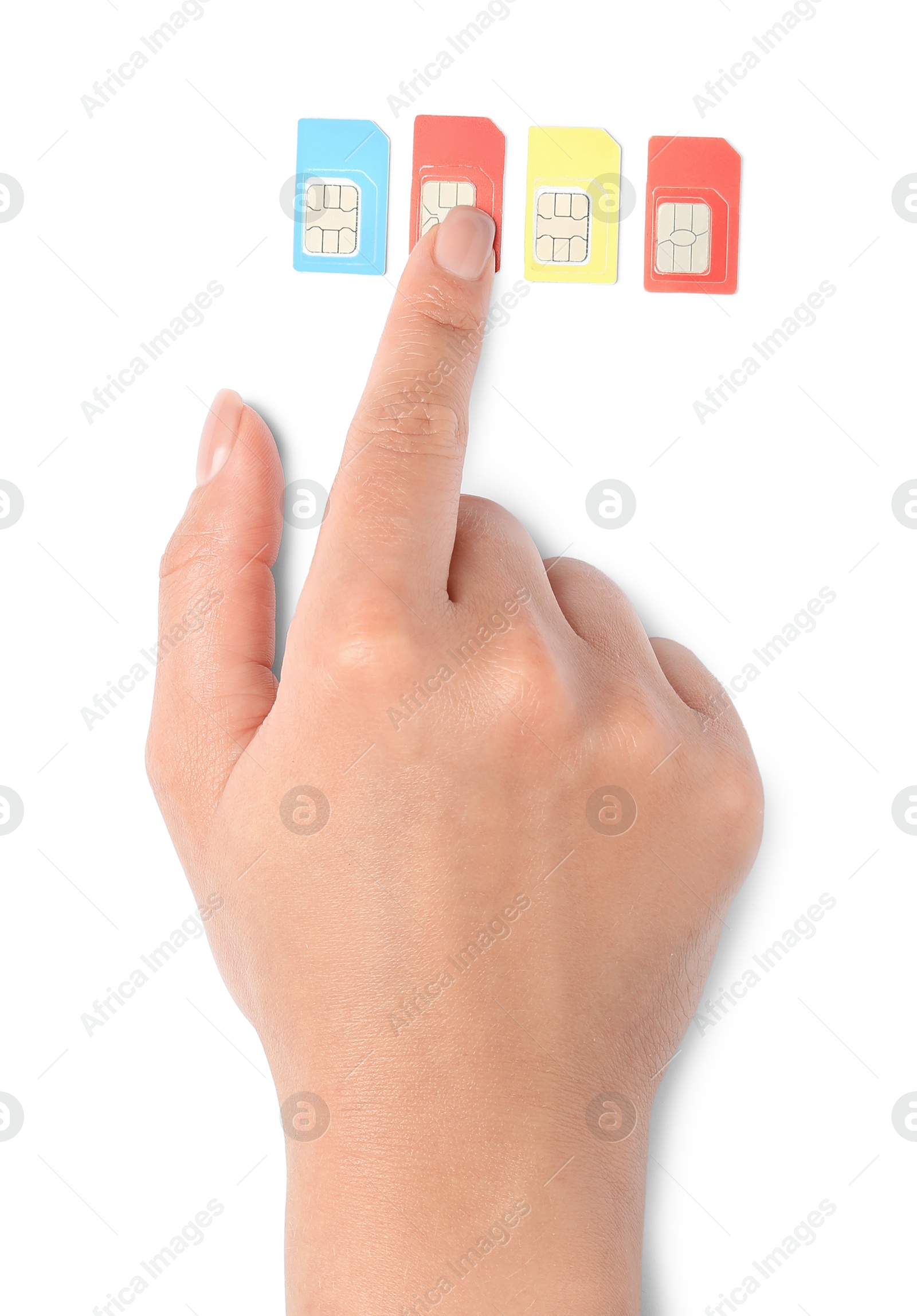 Photo of Woman with SIM cards on white background, top view