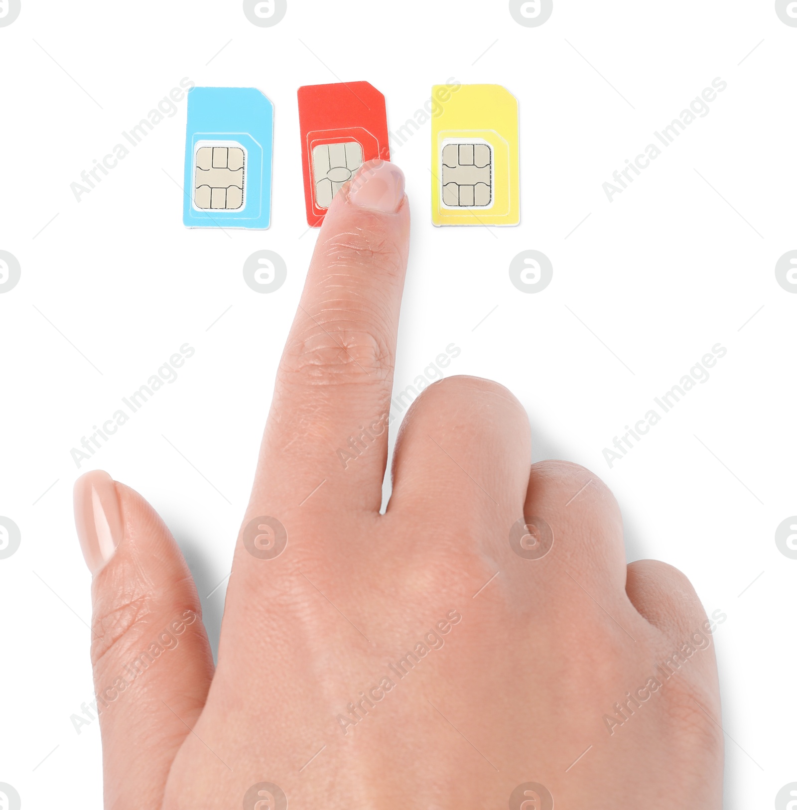 Photo of Woman with SIM cards on white background, top view