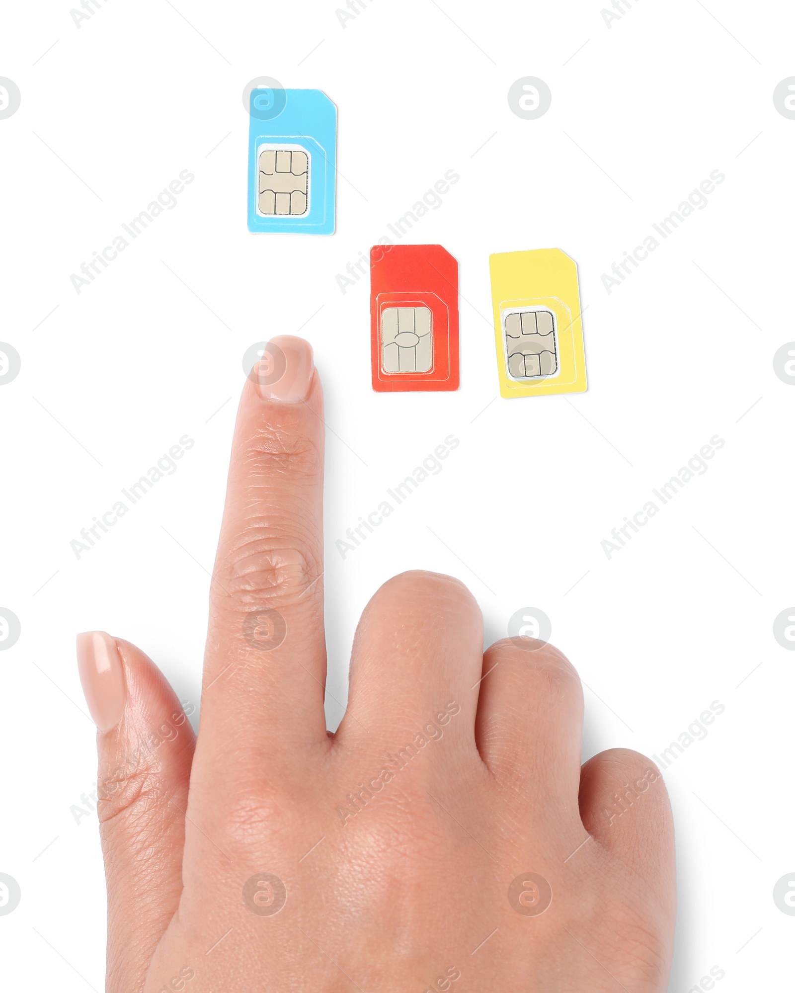 Photo of Woman with SIM cards on white background, top view