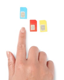 Photo of Woman with SIM cards on white background, top view