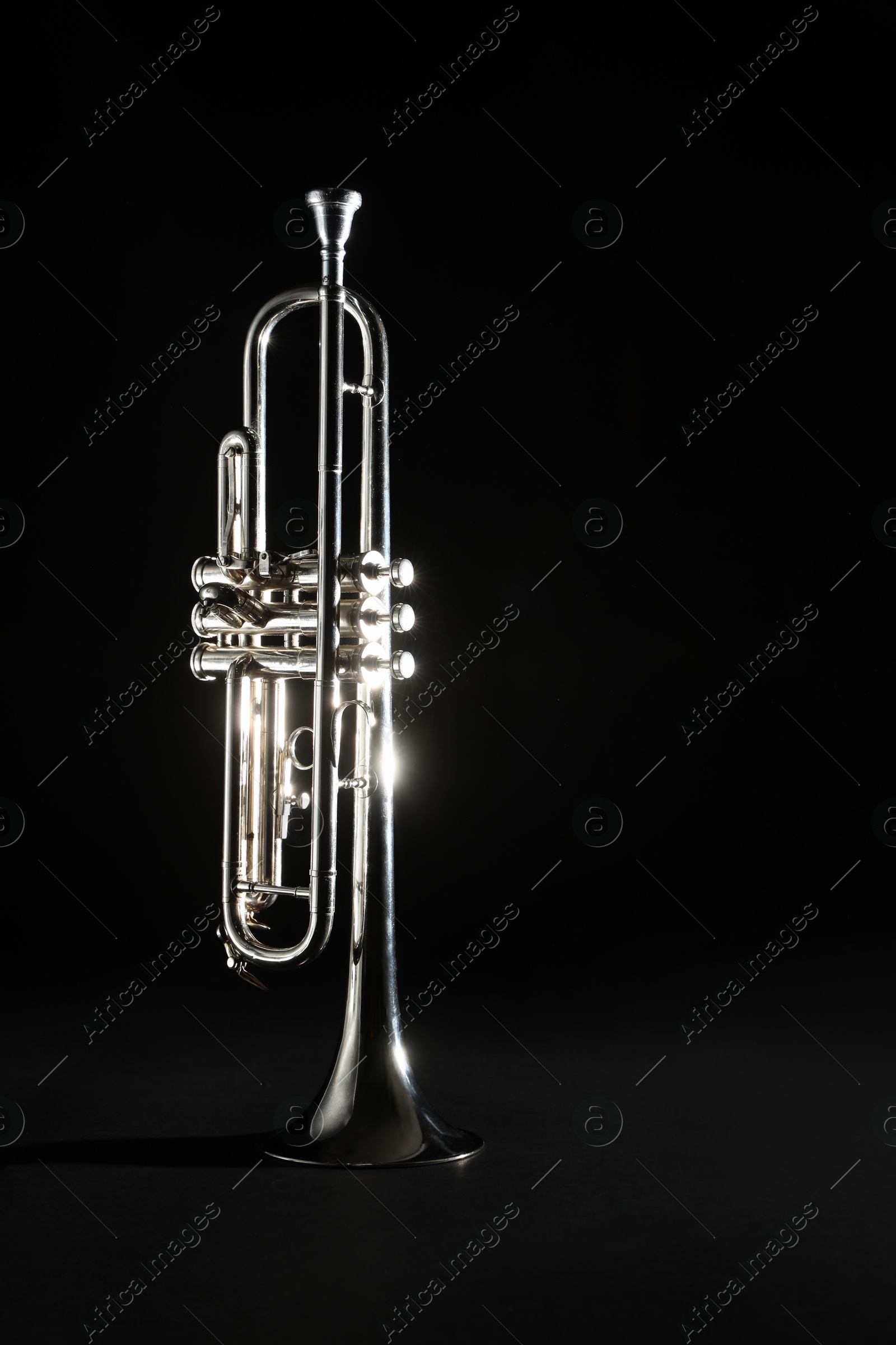 Photo of Shiny trumpet on black background. Wind musical instrument