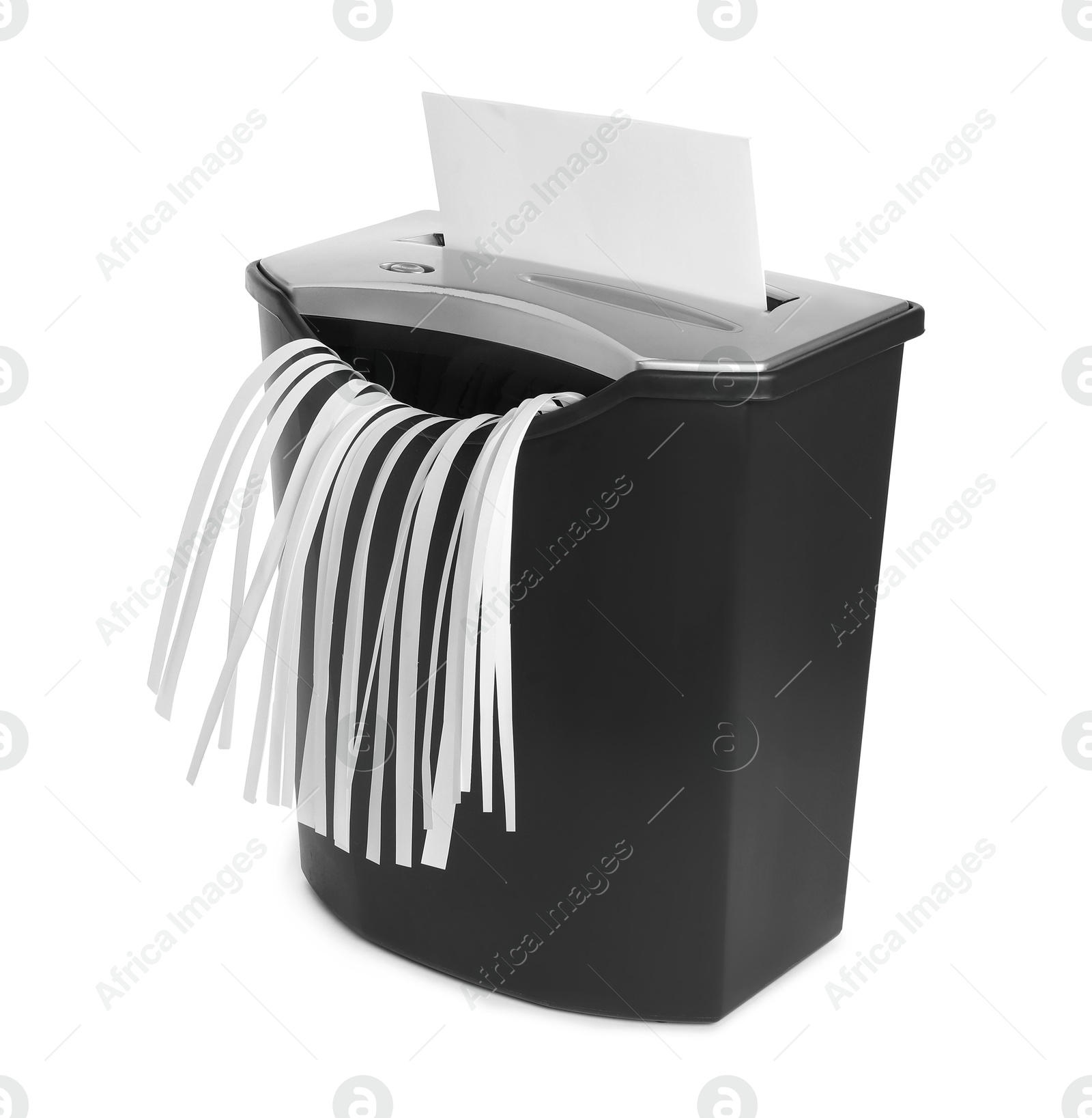 Photo of Destroying sheet of paper with shredder on white background