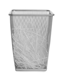 Shredded paper strips in trash bin isolated on white