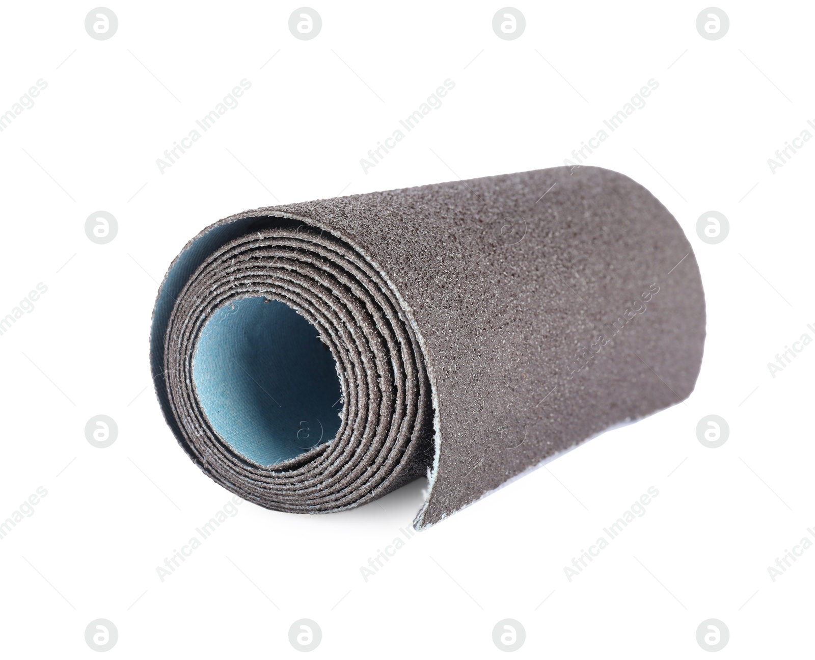 Photo of Rolled sheet of sandpaper isolated on white