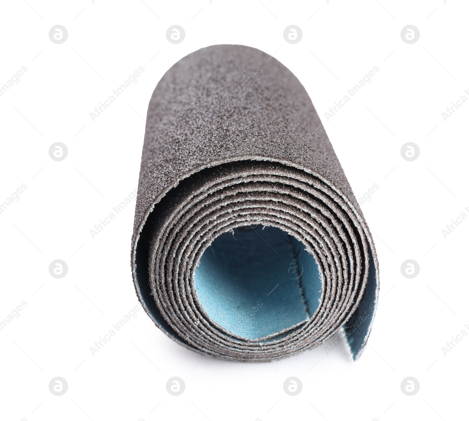 Photo of Rolled sheet of sandpaper isolated on white