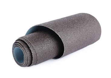 Photo of Rolled sheet of sandpaper isolated on white