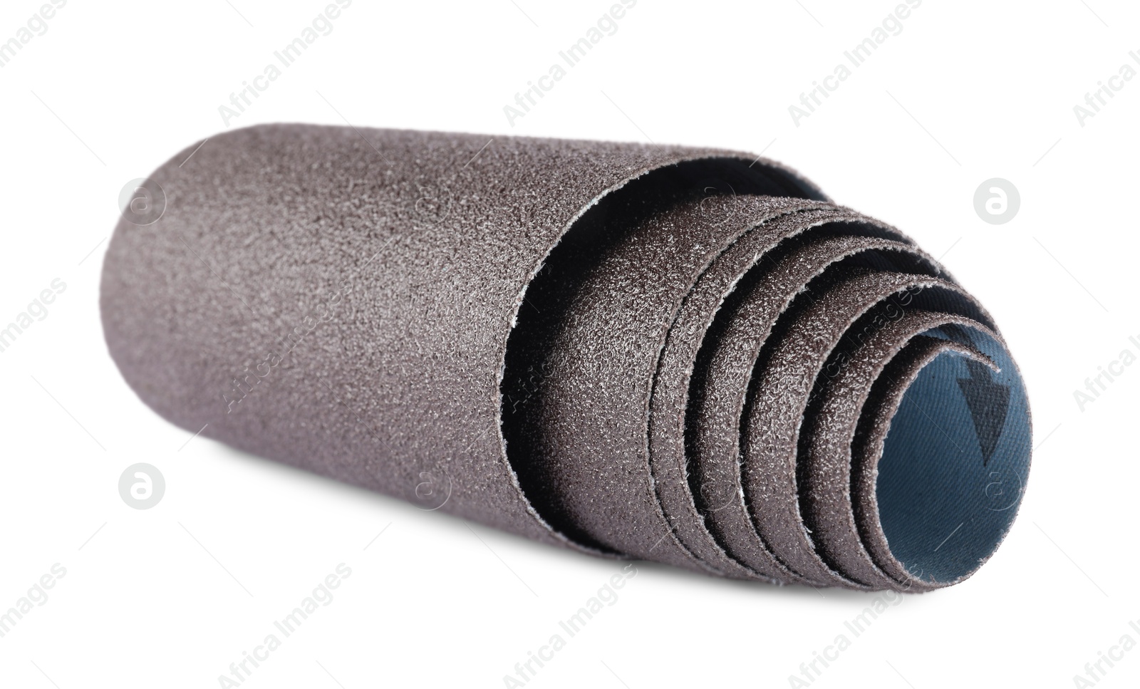 Photo of Rolled sheet of sandpaper isolated on white